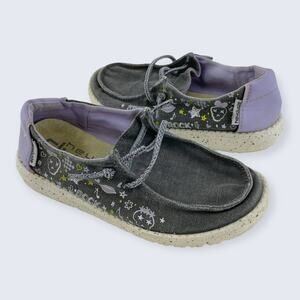 Hey Dude Wendy Youth Doodle Black Canvas Slip On Laces Sneaker Big Kid K11 $50